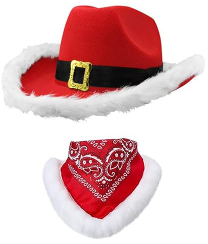 Weihnachts-Cowboyhut und Schal mit Pailletten, Weihnachtsmann, breite Krempe, Hut für Erwachsene, Hochzeit, Karneval, Rave, Party, Kostüm-Zubehör (rotes Set 1, 58 cm)