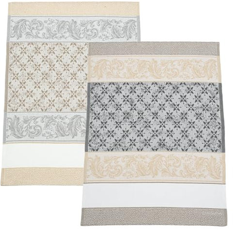 Filet - Set di 2 Canovacci per Cucina in Jacquard con Inserto in Tela Aida 55 Fori da Ricamare, Ideali per Asciugare le Stoviglie, Made in Italy, Disegno Arabesco, Colore Nero e Corda