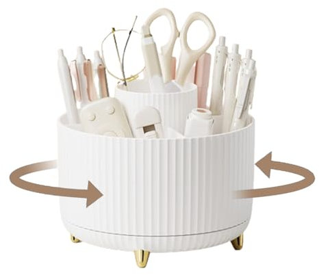 Rotating Desk Organiser Pen Holder Pencil Pen Holder Makeup Brush Holder with 5 Compartments, 360° Rotating Pen Pot, Desktop Storage Stationery Supplies Organizer, For Desk Tidy Bedroom,Office