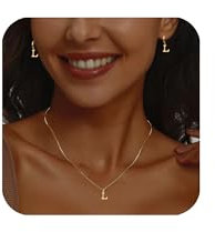 GoPaw Kette Buchstabe Gold für Damen,Gold plattiert Cubic Zirkonia Initial Halskette Ohrring-Set,Gold Plated Initial Halskette Buchstabe Mit 2 identischen monogrammierten Ohrsteckern (L)