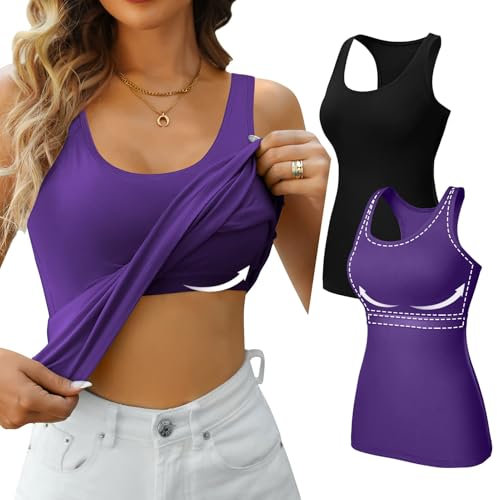 Charmo Tops für Damen Sommer Tank Top mit integriertem BH Sport Top Sommer Trägertop Basic Trägershirt Frauen 2er Pack