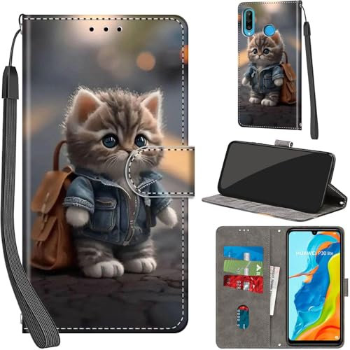 Haninsuze Coque pour Huawei P30 Lite, Etui Protection Housse Premium en Cuir PU Portefeuille, [Ranges Cartes] [Fonction Support] Pochette pour Huawei P30 Lite, Chat