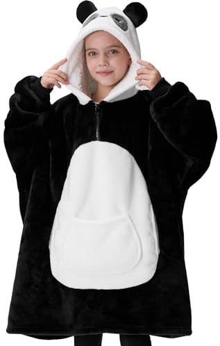 Giggling Getup Panda Wearable Blanket Hoodie - Oversized Soft Sherpa Fleece Hooded Blanket - Warm Cozy Plush Flannel Blanket Sweatshirt Gifts - with Giant Pocket and Sleeves for Kids Girls Boys