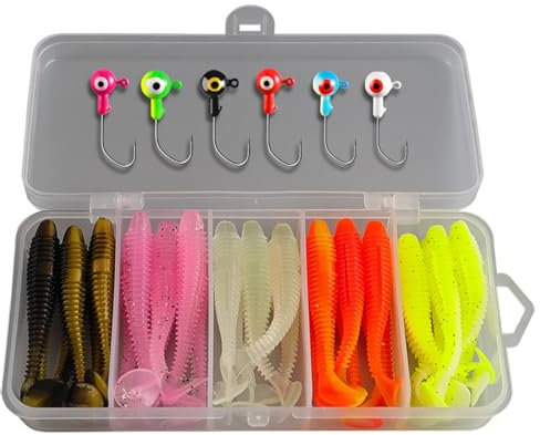 Buaak 37pcs Fishing Lures, 6 Jig Heads, 30 Soft Plastic Lures, Lure Box, Sea Fishing Bait, Sof t Bait Head, Bionic Soft Worm Lead Hook, for Fishin g Bass, Trout, Pike, Walleye, Perch, Crucian Carp