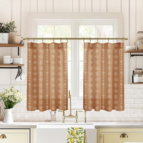 Kurze Vorhänge für Fenster, Schlafzimmer, 2 Paneele, Bauernhaus, Mitte des Jahrhunderts, moderne MCM-Retro-Vorhänge für Wohnzimmer, Rost-Terrakotta, 61 cm Länge