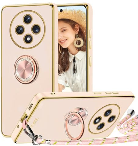 TVVTPU Funda para OPPO Reno 12 F 5G/ Reno 12 FS 5G con Cuerda y Anillo de Soporte 360°, Carcasa Galvanizado Suave TPU Bumper Antigolpes Móvil Case con Ajustable y Retirable Collar, Rosa