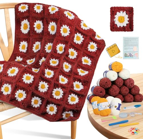 Coopay Häkelset Anfänger für Decke, Granny Squares Häkeldecke Kit mit Anleitung & genug Garn, komplettes Häkel-Starterset, einfaches Erlernen des Häkeldeckensets für Erwachsene (römisches Rot)