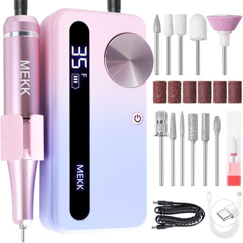 MEKK Nail Drill,35000RPM Cordless Nail Drill Professional Electric Nail File with 12PCS Bits,Anti-Shaking Rechargeable E File Kit for Acrylic Nails,Home & Salon-Pink