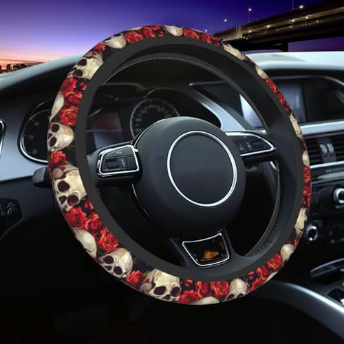 Mexpekil Lenkradbezug mit Totenkopf-Rose, universal, rutschfest, dekoratives Autozubehör, passend für die meisten Autos (38 cm), 1 Stück