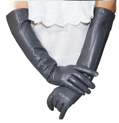Damen-Handschuhe Aus Echtem Leder, Lange Schaffellhandschuhe, Warme Winterhandschuhe Mit Fleecefutter Über Ellenbogen- Und Armmanschetten CS2 dark gray 9