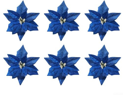 6 fiori decorativi natalizi da 21 cm, fiori finti per albero di Natale, decorazione per albero di Natale, fiori artificiali, fiori natalizi per vacanze (blu)