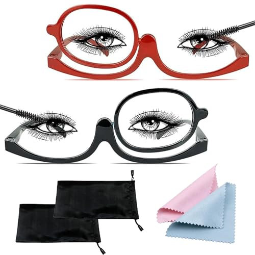 KSVFTB 2 Pcs Make Up Glasses, Polishing Cleaner Cloth and Black Waterproof Cloth Bag, Makeup Glasses Flip Up Lens UK Only, With Flip-Down Single Lens For Womems Reading (+2.50+3.50)