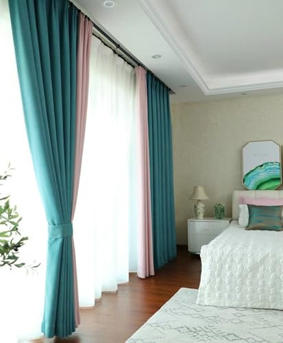 Epinki 2er Pack Verdunkelungsvorhang Schlaufen, Vorhang Verdunkelung Muster Einfarbig Vorhang Fenster Wohnzimmer aus Leinen Haken Schals für Wohnzimmer Pfauengrün Rose H160 x B96 cm