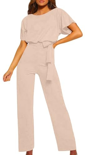 OVARA Jumpsuits for Women UK Elegant Short Sleeve Romper Playsuit Ladies Plain Casual Sraight Leg All In One Jumpsuit Summer Comfy Classic One Piece Pants Onesies with Belt