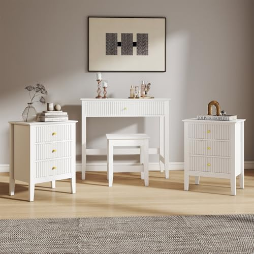 Dressing Table, Stool & Pair of 3 Drawer Bedside Tables - Hales White Range