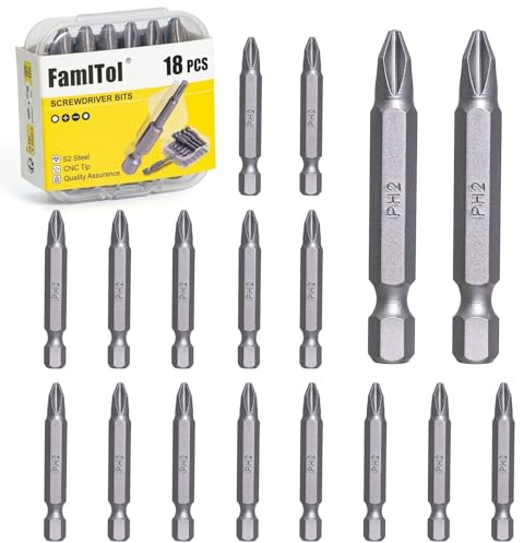 FamlTol Screwdriver Bits, PH2 Bits, Bit Set, Insert Bit, Hardened Steel Cross Head Drill for Construction, Woodworking, and Automotive | 18Pcs | PH2 x 50mm