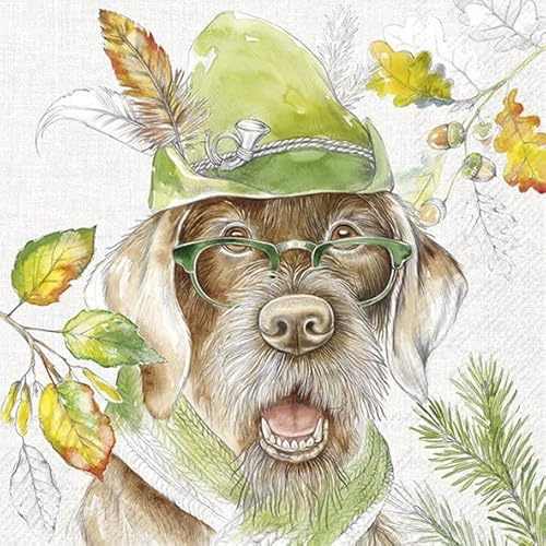20 Servietten Herbst Jagdhund mit Brille als Tischdeko. Papierservietten mit Motiv. Auch für Decoupage und Serviettentechnik 33x33cm