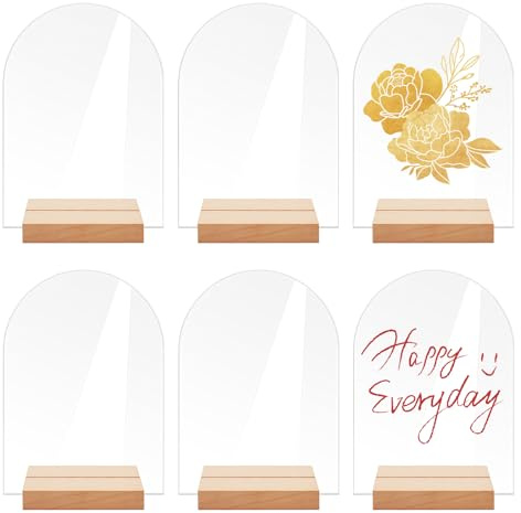 HJYIMYI 6 Stück Bogen-Acryl-Schild Blanko Gewölbt Acrylplatte, 14 x 10 cm | Transparent Acryl Tischnummern mit Holzsockel, für Hochzeitsschild, Menüschild, für Restaurants, Hotels, Konferenz, Festivals