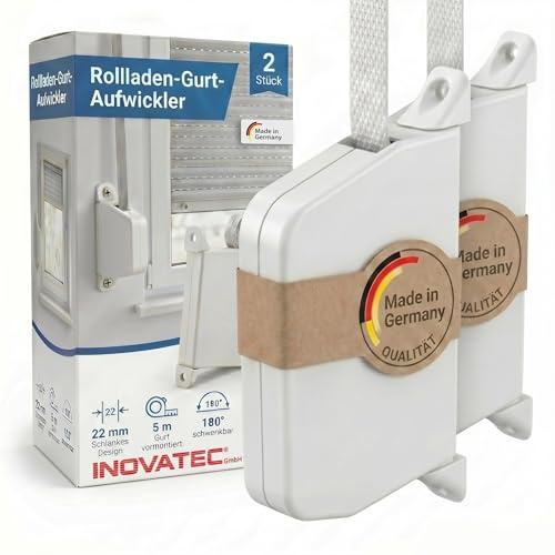 INOVATEC 2X Rollladen Gurtwickler Aufputz Mini inkl. 5m Gurtband – Weiß | Aufschraubwickler 180° schwenkbar | Einfache Montage für Rolllade, Fenster & Jalousie | Hochwertiger Kunststoff | LA 155mm