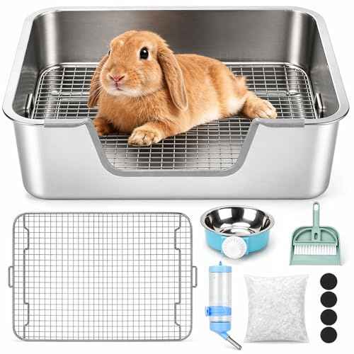 Rypet Large Stainless Steel Rabbit Litter Box Set for Small Animals | High Sides & Low Entry, 304 Stainless Steel Sifting Tray, Bowl and Bottle Included, Non-Slip, Easy to Clean, Odor Control