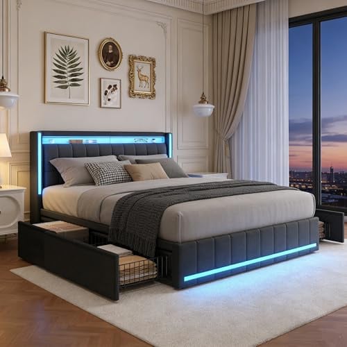 BRILVERDE Polsterbett 140x190 mit Stauraum, Doppelbett mit USB und LED, Jugendbett mit 4 Schubladen, Funktionsbett, Bettgestell mit Lattenrost, Linen (Grau, 140 x 190 cm)