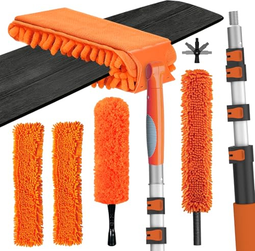 LAANPOLE 9m Feather Duster Kit, Ceiling Fan Cleaner with Extension Pole, Microfiber Cobweb Brush & Replaceable Cleaning Cloth for Blades, High Ceiling, Furniture