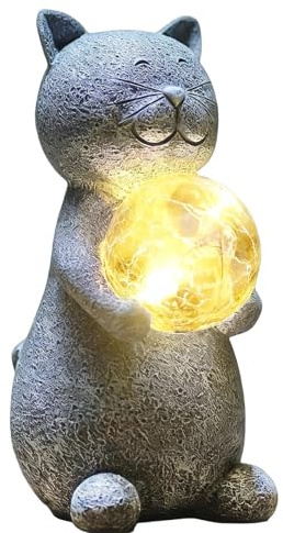 Statuec de Jardin Exterieur d'Chaton, Chat Decoration Statue Jardin Exterieur avec Boule Solaire Figurine, Figurine d'extérieur Grise Résistante Aux Intempéries, Cadeau Unique pour Femme/Homme, E