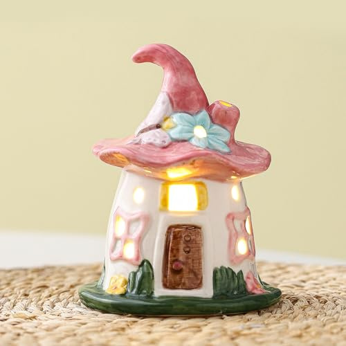 Kaezuy Frühlingsdeko Lichthaus aus Keramik, Osterdeko Haus mit LED Licht, Porzellan Frühling Häuser mit Beleuchtete, Batteriebetriebene Frühlingsdorf für Fensterbank Tisch Deko (Rosa)