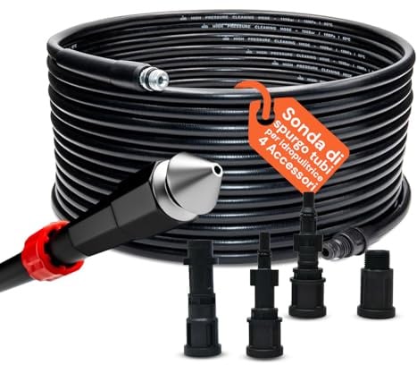 DAIMANN - Sonda Sturatubi 15m per Idropulitrice - Tubo Alta Pressione 160 bar di Resistenza, Flessibile, Ugello Autopropellente - Set 4 Adattatori Universali, Scarichi, Condotti e Tubazioni Intasate