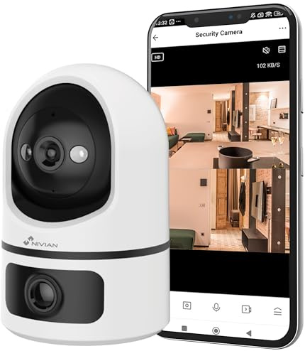 NIVIAN Caméra de Surveillance intérieure WiFi 2K Dual Motorisée - Double Objectif sans Angles Morts, Suivi Automatique, détection Humaine IA, Audio Bidirectionnel, Alexa et Google