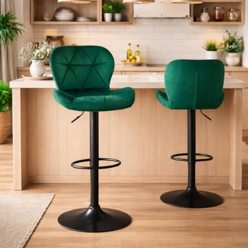 HAGO24 | 2er Set Barhocker Samt Grün | Höhenverstellbar 59-79 cm | 360° Drehbar | Barstuhl Bistrohocker | Rückenlehne | Fußstütze | Metallgestell Schwarz | 120 kg