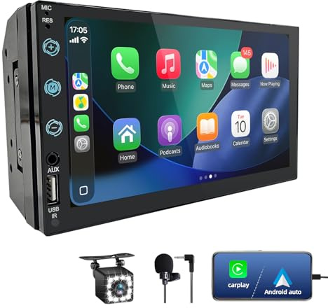 Radio Coche 2 DIN con Carplay y Android Auto por Cable - Pantalla Táctil de 7 Pulgadas con Cámara Trasera, Mirror Link, USB/AUX/FM, Apto para Vehículos de 12V