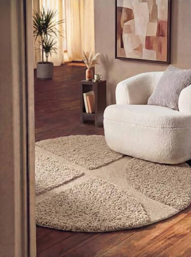 Ted Baker - moderner Hochflorteppich Rund Jasper - Weicher Wohnzimmerteppich, Geometisches Design, Shaggy 3D- Struktur, Handgemacht, Hoch-Tief-Effekt für Wohnzimmer, Schlafzimmer - Beige, Ø200 cm