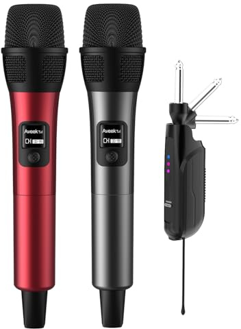 Aveek Wireless Microphone, 80m Range,40 Hours Battery, Red & Black,2 Pack | Stable Signal, Studio Sound, Rechargeable,Foldable Receiver, <2 ms Latency, Ergonomic Grip for Church, Speech, Wedding,Events