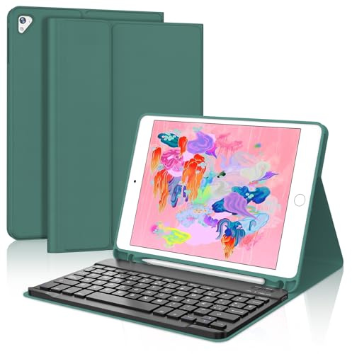 Funda Teclado para iPad 6 Generación 2018/5 Gen 2017 9.7/Air 2/1/Pro 9.7 | Case Keyboard Bluetooth Magnético, QWERTY Español Ñ, Capa Desmontable con portalápices para iPad 9,7 pulgadas, Verde oscuro