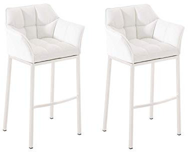 CLP Barhocker 2er Set mit Lehne Damaso, Barstühle gepolstert mit Kunstlederbezug, Vierfußgestelle aus Metall, bis 240 kg belastbar, Farbe:weiß, Gestell Farbe:weiß