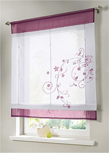 Nicole Knupfer 1 Stücke Raffgardinen, Raffrollo mit Stickerei Gardinen Voile Transparent Schlaufen Vorhang (Lila,80 * 100cm)