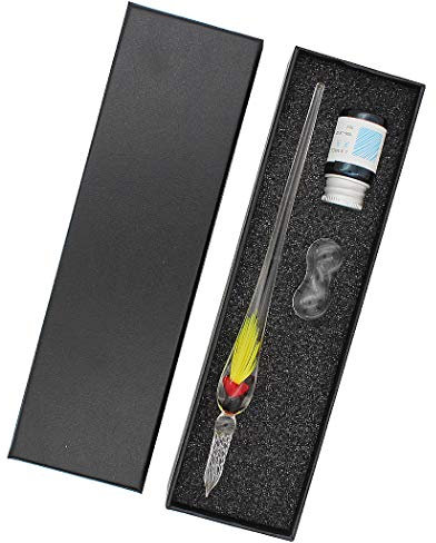 SIPLIV Glass Dip Pen Intarsia Jellyfish Dip Pen Kit de stylo plume Calligraphie Signatures Stylo avec bouteille d'encre et porte-stylo, jaune
