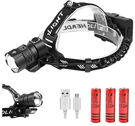LED Head Torch 10000 Lumen Headlamp with 4 Modes, Adjustable Focus USB Rechargeable Waterproof Professional Headlight Helmet Light for Camping, Hiking, Fishing