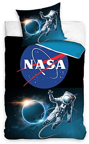 BERONAGE NASA Bettwäsche Astronaut 135 x 200 cm + 80 x 80 cm 100% Baumwolle Renforcé-Linon-Qualität Weltraum Amerika USA Universum Space Shuttle Raumfahrt mit Reißverschluss deutsche Größe