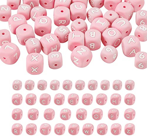PandaHall Lot de 46 perles cubiques en silicone avec lettres de l'alphabet et chiffres, 10 mm et 12 mm, rose, perles intercalaires en vrac pour fabrication de bracelets, colliers, bijoux