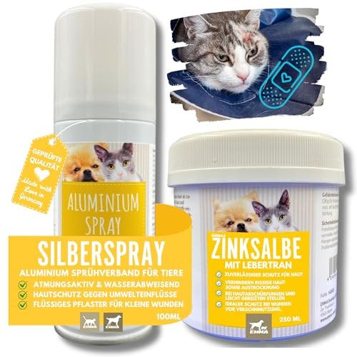 Erste Hilfe Set Katze Wundspray Hund & Lebertran Zinksalbe - Silberspray Hund I Wundspray Katze - Lebertran-Zinksalbe bei Wunder Haut mit Zink für Tiere I Zinksalbe Wundsalbe Gegen Juckreiz 0,1 0,25L