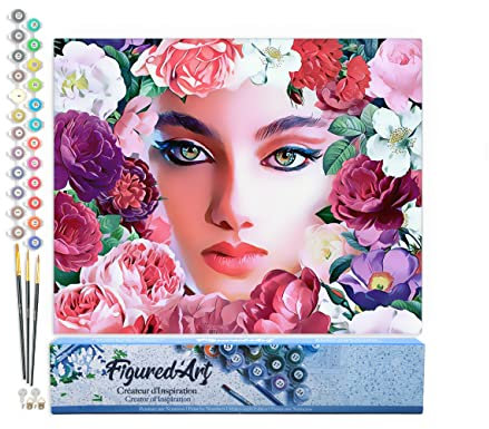 Figured'Art Peinture par Numéro Adulte Visage et Fleurs - Activité Manuelle Kit de Loisir Créatif DIY Numéro d'Art Complet - 40x50cm sans châssis en bois