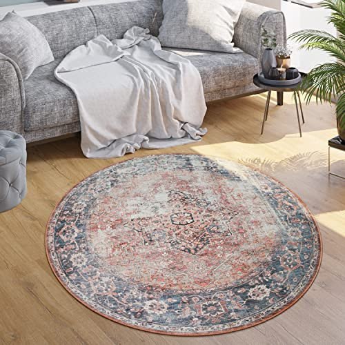 Paco Home Waschbarer Teppich Wohnzimmer Schlafzimmer Vintage Muster Flachgewebe Modern Orientalisch Ornament Pastell, Grösse:200 cm Rund, Farbe:Bunt 3