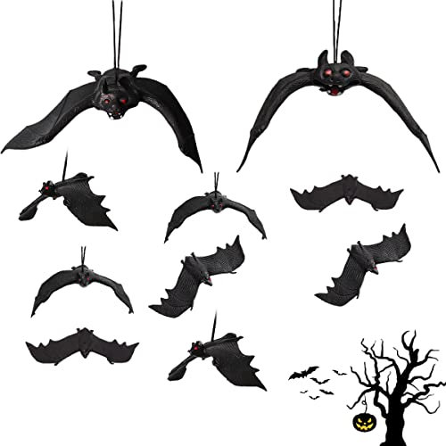 XiXiRan Hängende Fledermaus Deko 10 Stück, 3D Fledermäuse Spielzeug Gummi Horror Realistische Halloween Dekoration für Erwachsene und Kinder Halloween Party, Garten, Wand, Fenster, Tisch, Tür