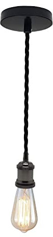 LEDSone Vintage Shiny Black E27 Pendant Light Fitting – Twisted Braided Cable Ceiling Lamp Holder Kit for Indoor Hanging Lighting in Kitchen, Dining Room, Bar, Cafe, Loft
