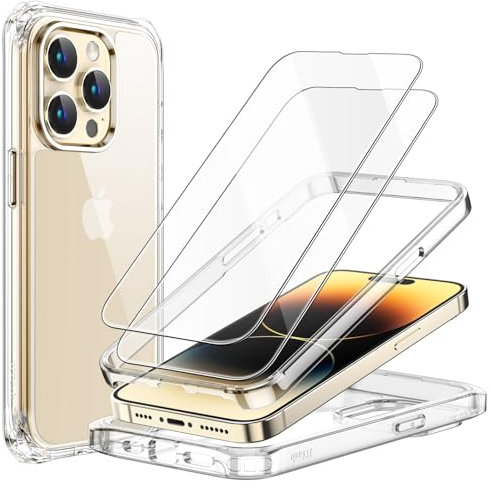 JETech Case for iPhone 14 Pro Max 6.7-Inch with 2-Pack Tempered Glass Screen Protector, 360 Full Body Shockproof Bumper Phone Cover Protective Clear Back (Clear)