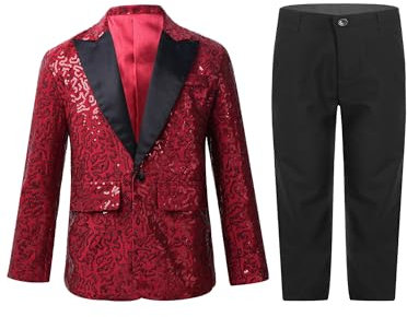TiaoBug Jungen Festlich Pailletten Anzug Set Metallic Jacke Blazer und Lange Hose Hochzeit Party Weihnachten Outfits Dunkelrot 134-140