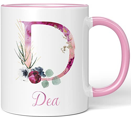 JUNIWORDS Tasse, Dea, Name Anfangsbuchstabe Initial Alphabet Floral Buchstabe D Monogramm Motiv, Rosa (5503021)