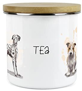 Purely Home Dog Themed Tea Canister - Dalmation Frenchie Terrier Spaniel - White Metal Enamel Kitchen Food Storage Container